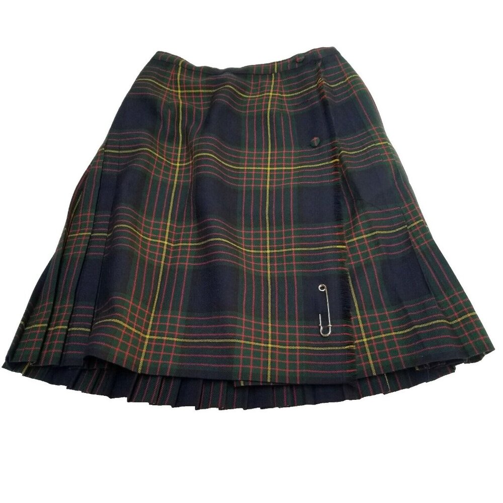 Vintage Aljean Canada Pure Virgin Wool Plaid Fringe Trim Wrap Pleated Skirt Blue